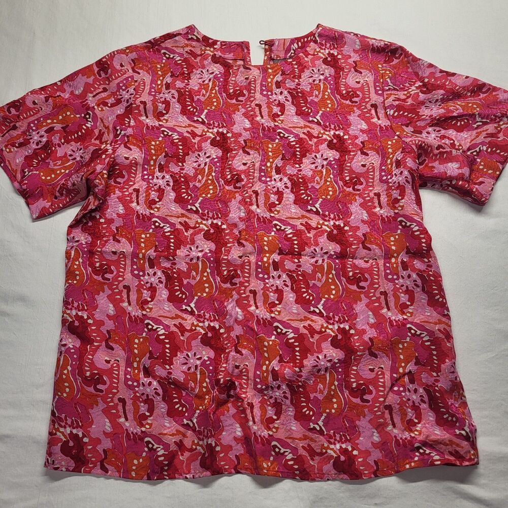 Nordstrom Point Of View Woman’s 100% Silk Pink Red Blouse Size 12 Short Sleeve